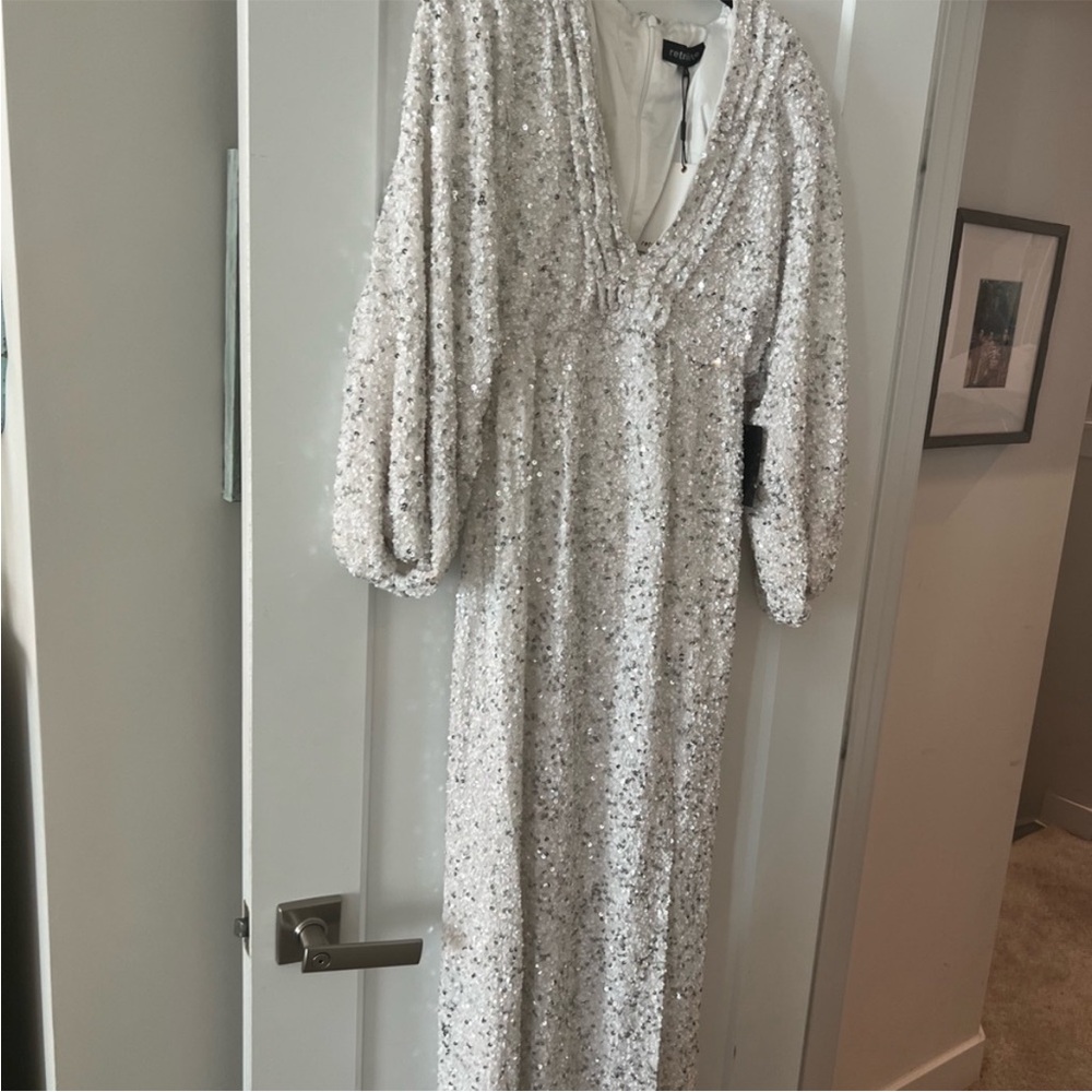 Retrofete White Long Sleeve Gown with Plunge Neckline and Bishop Sleeves